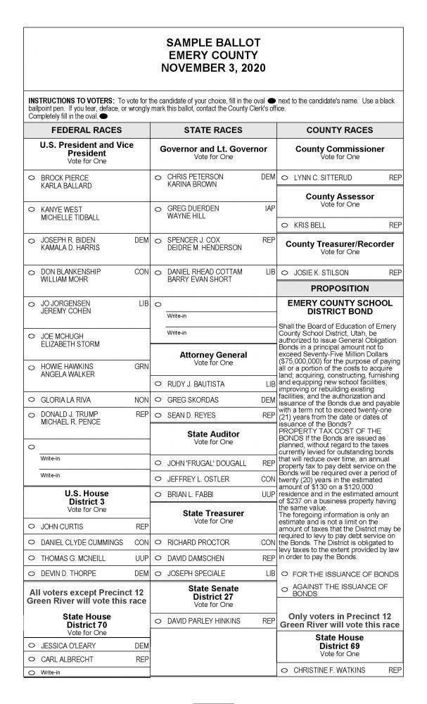 Sample Ballot Emery County November 3, 2020 - Etv News